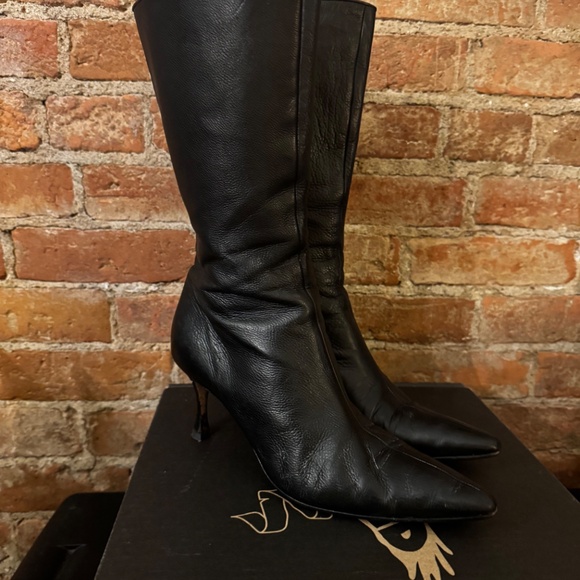 Manolo Blahnik Boots Below Knee Black Leather Pointed Toe Stiletto - Picture 8 of 8